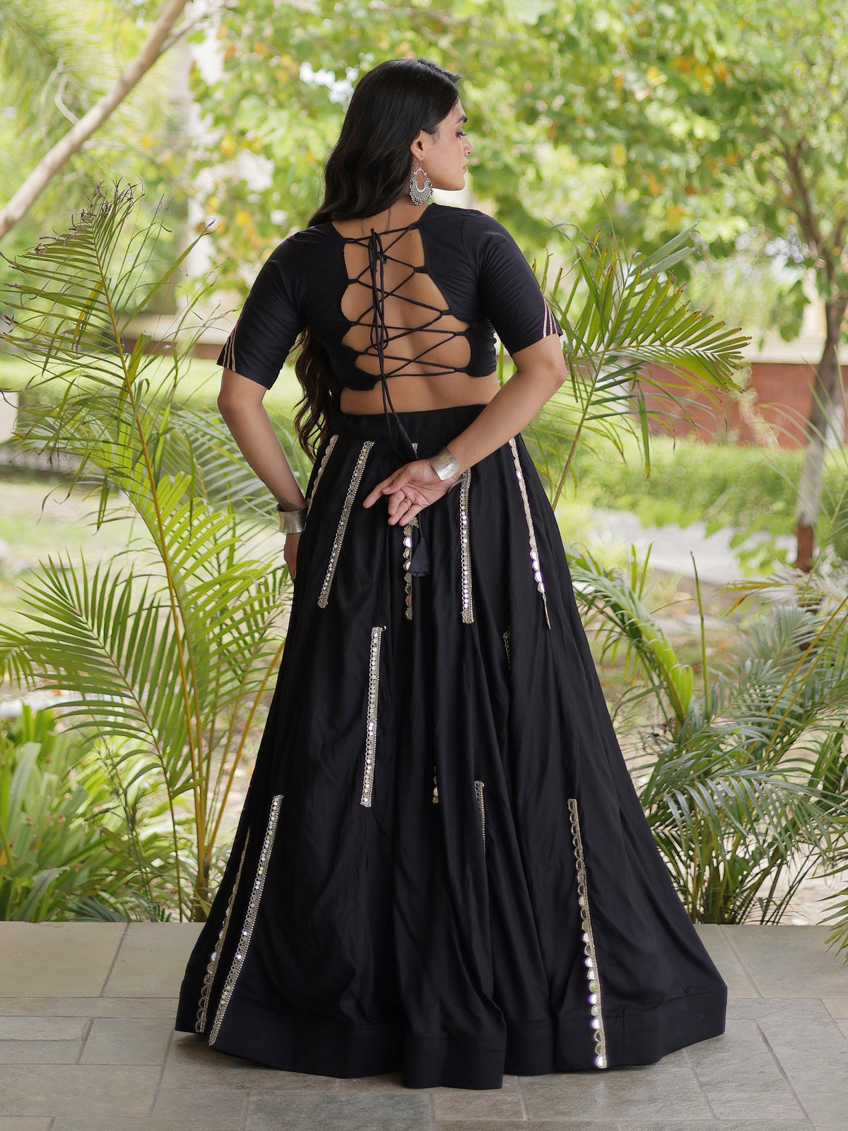 Fantastic Black Mirror Work Rayon Navratri Wear Lehenga Choli