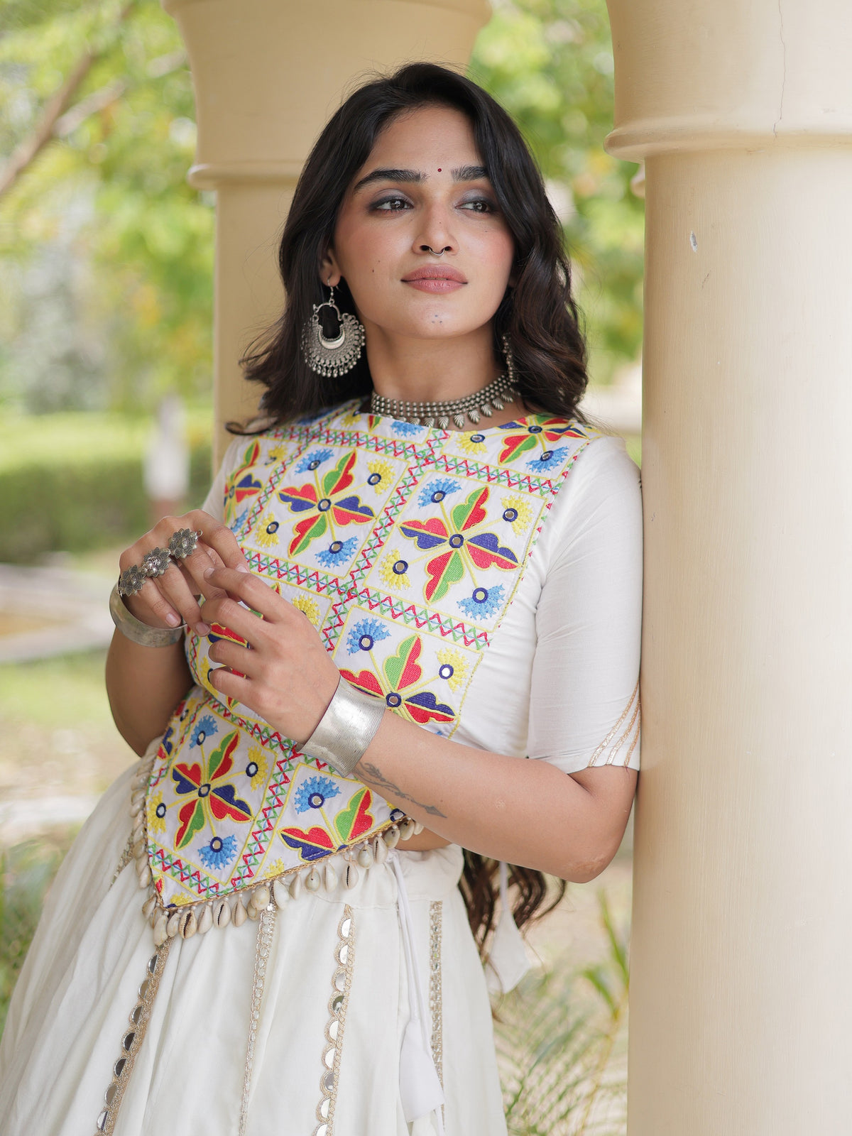 Fresh White Mirror Work Rayon Navratri Wear Lehenga Choli