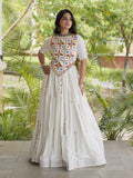 Fresh White Mirror Work Rayon Navratri Wear Lehenga Choli