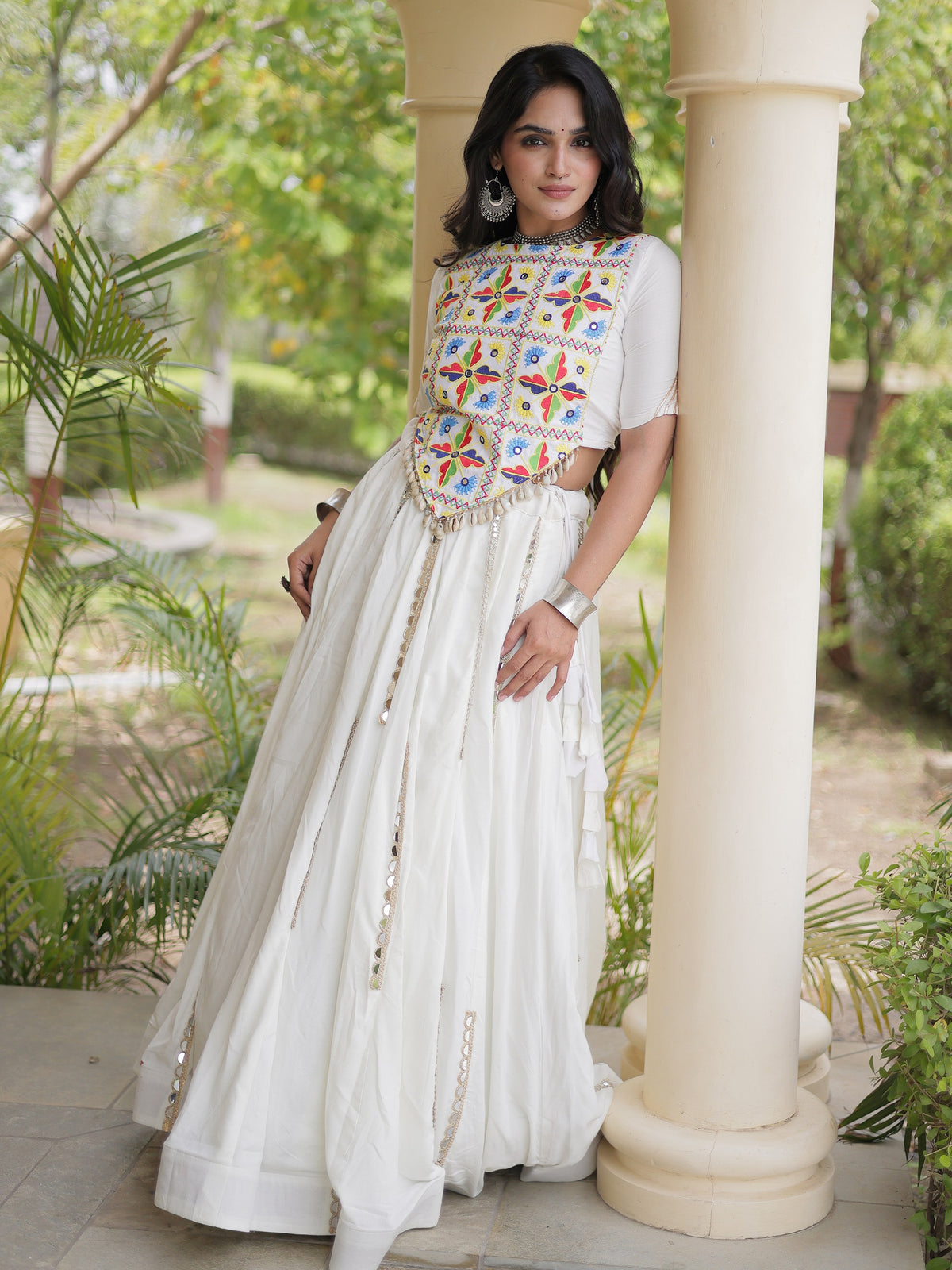 Fresh White Mirror Work Rayon Navratri Wear Lehenga Choli