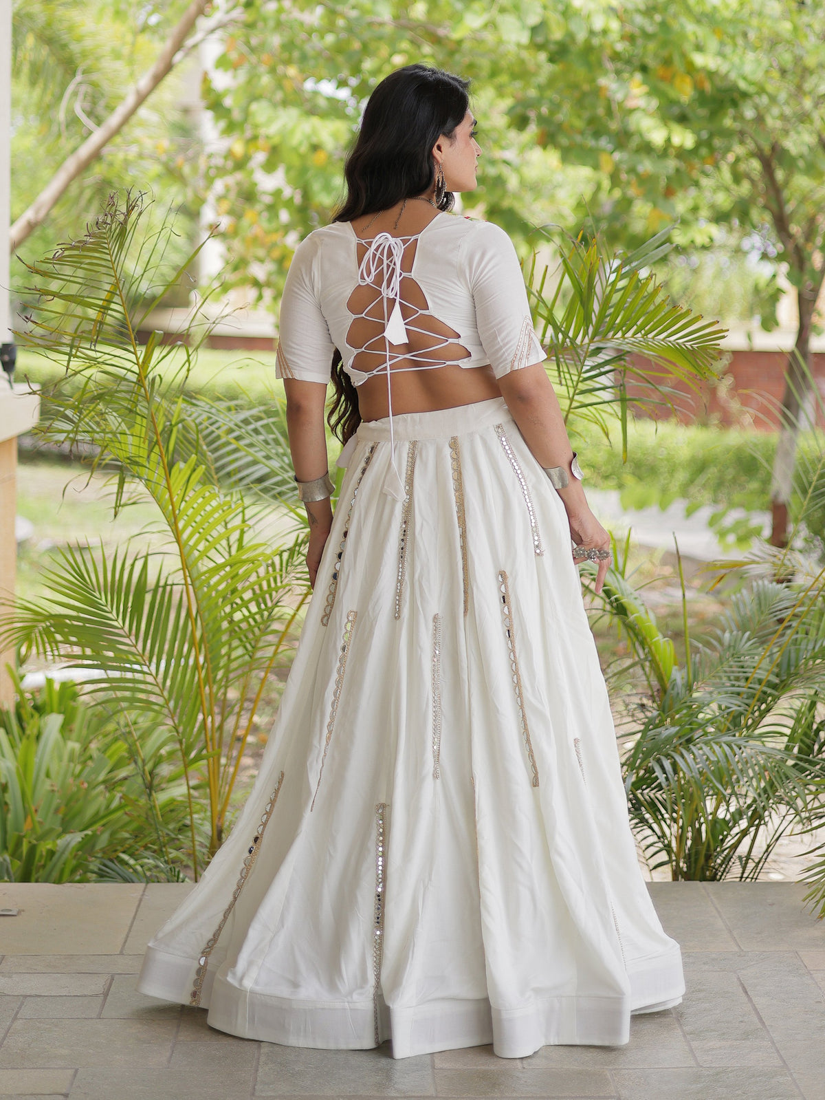Fresh White Mirror Work Rayon Navratri Wear Lehenga Choli