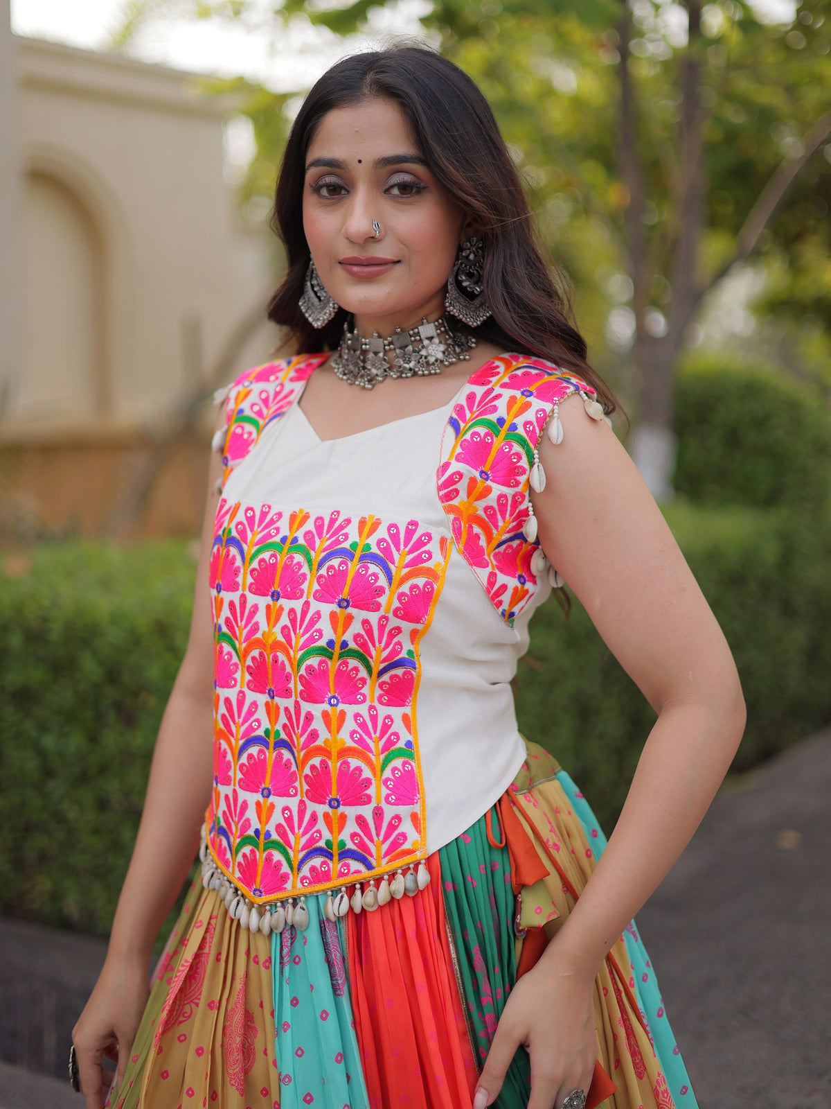 Playful Multicolor Mirror Work Cotton Navratri Wear Lehenga Choli