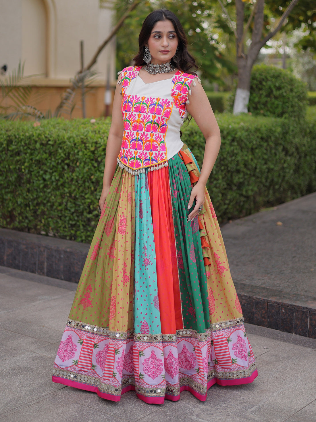 Playful Multicolor Mirror Work Cotton Navratri Wear Lehenga Choli