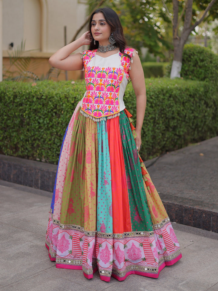 Playful Multicolor Mirror Work Cotton Navratri Wear Lehenga Choli