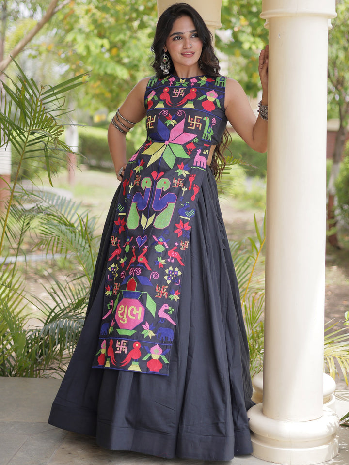 Notable Black Gamthi Embroidered Cotton Navratri Wear Lehenga Choli