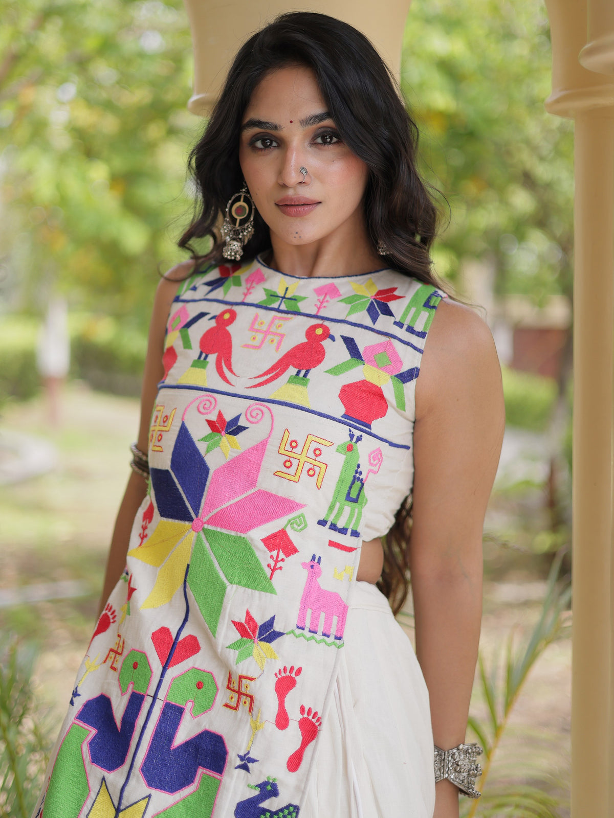 Graceful White Gamthi Embroidered Cotton Navratri Wear Lehenga Choli