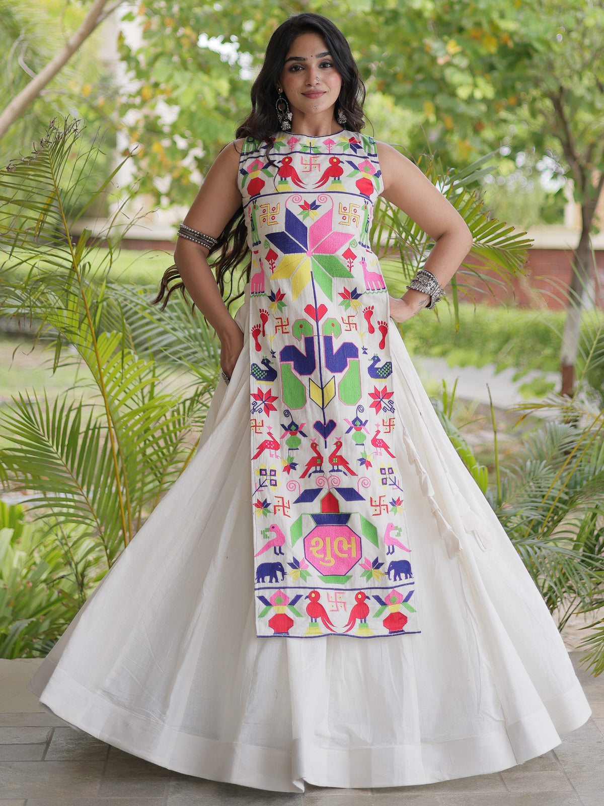 Graceful White Gamthi Embroidered Cotton Navratri Wear Lehenga Choli