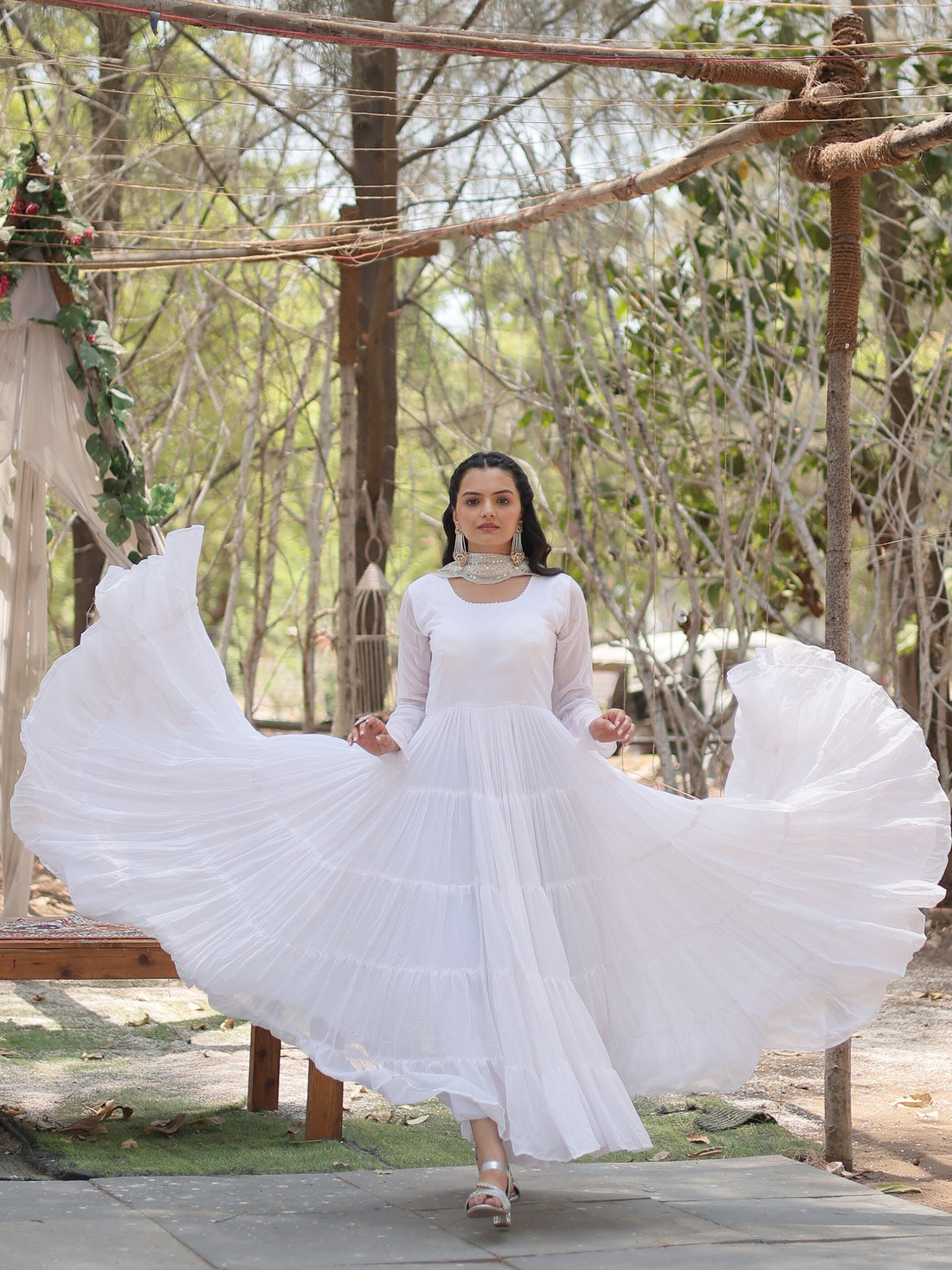 Captivating White Georgette Festival Wear Gown With Dupatta