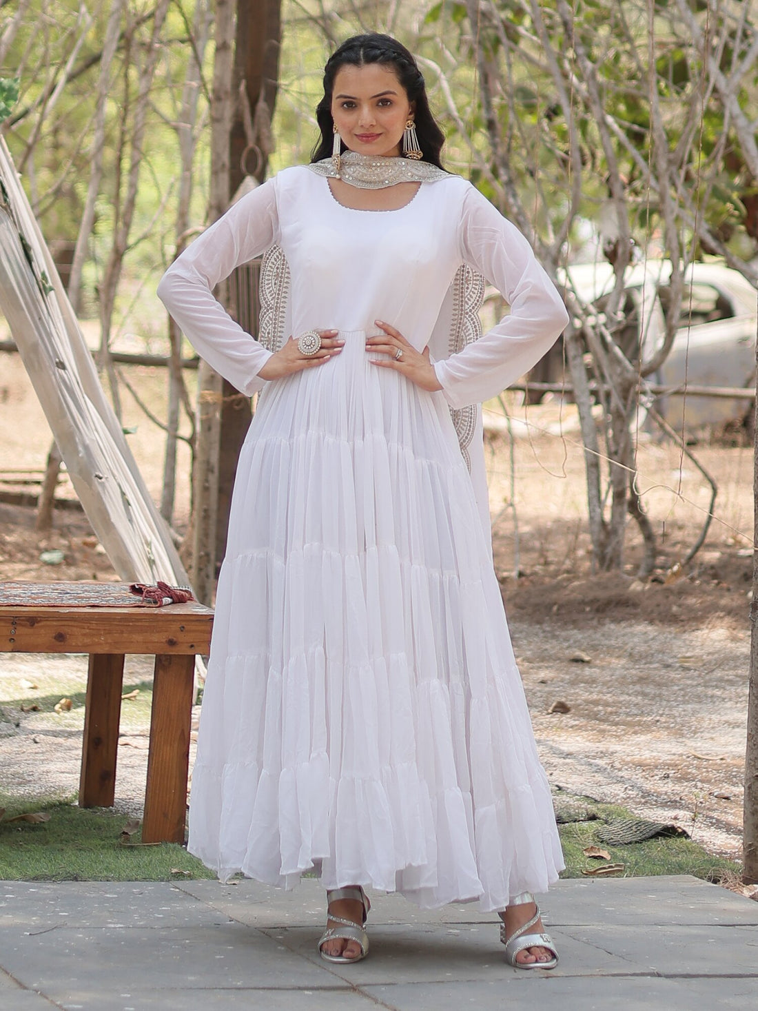 Captivating White Georgette Festival Wear Gown With Dupatta