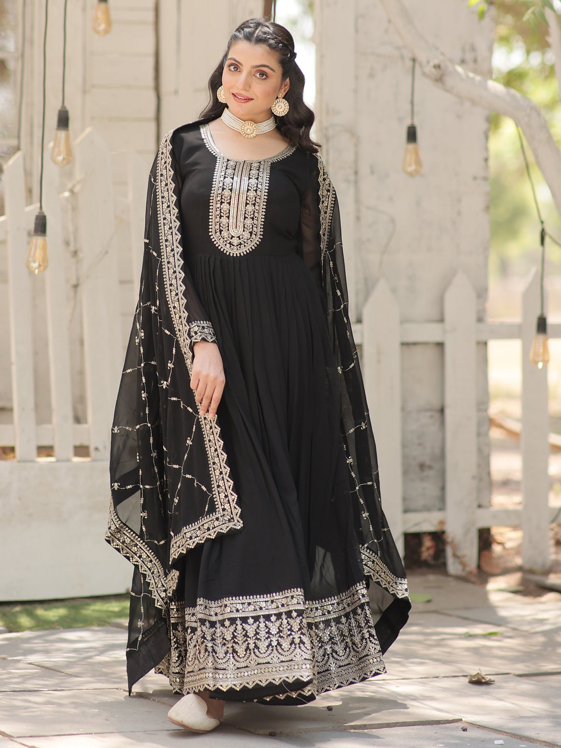 Charming Black Sequins Georgette Event Wear Gown With Dupatta