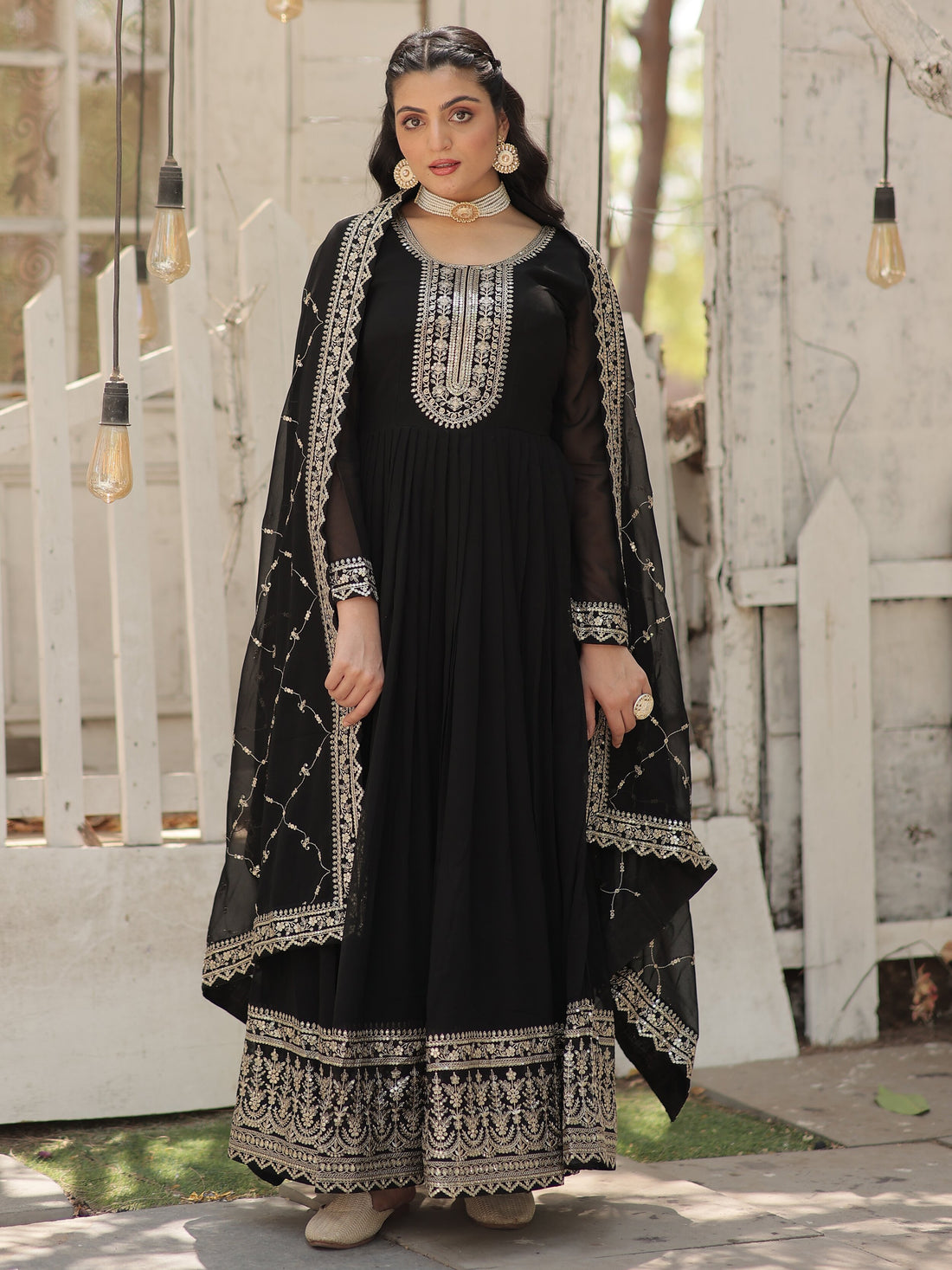 Charming Black Sequins Georgette Event Wear Gown With Dupatta