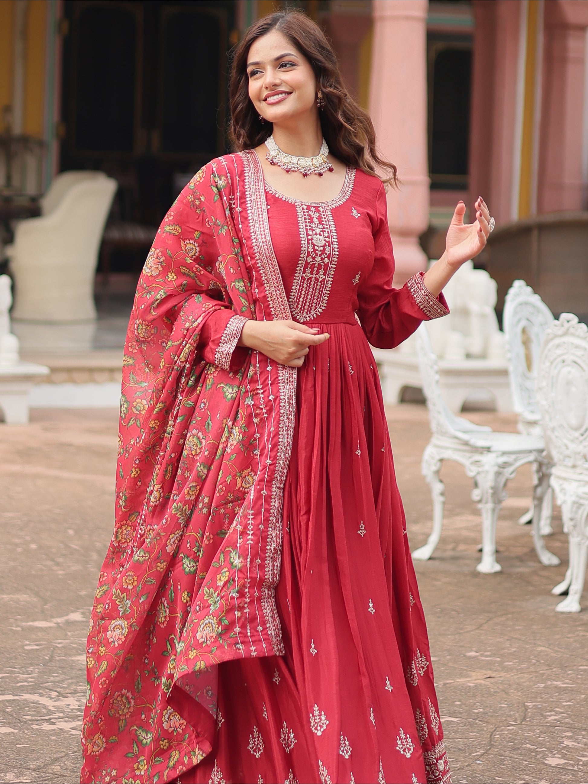 Gorgeous Maroon Sequins Chinon Reception Wear Gown With Dupatta
