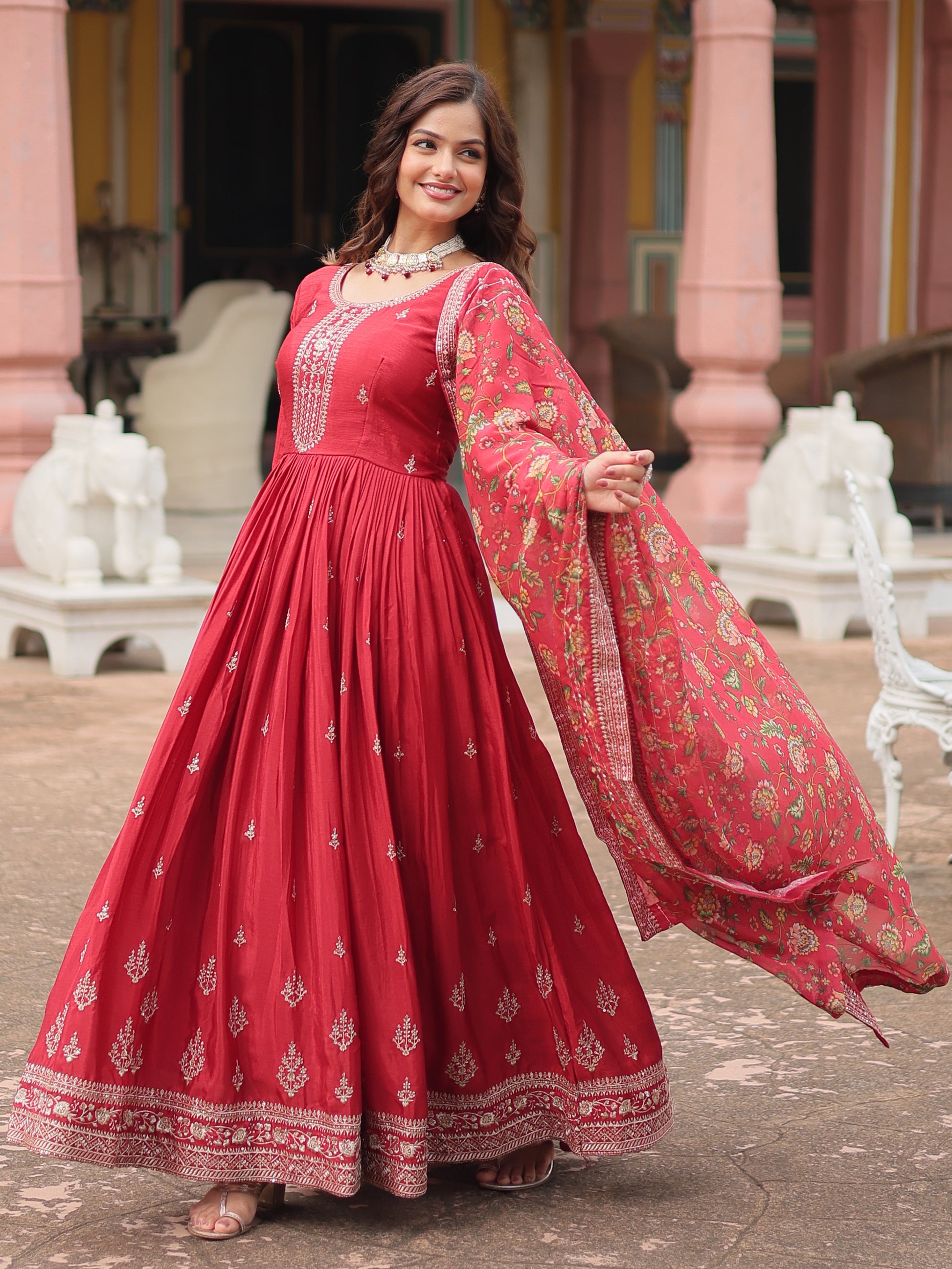 Gorgeous Maroon Sequins Chinon Reception Wear Gown With Dupatta