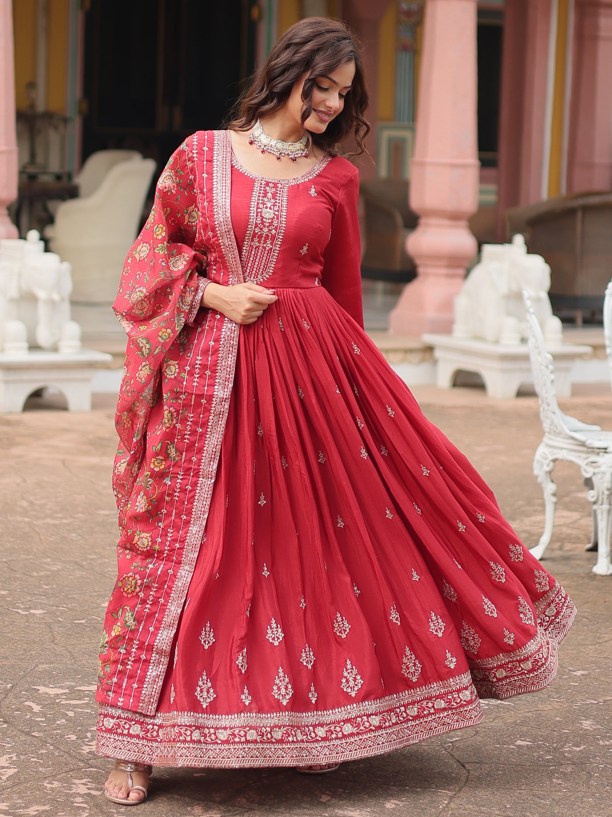 Gorgeous Maroon Sequins Chinon Reception Wear Gown With Dupatta