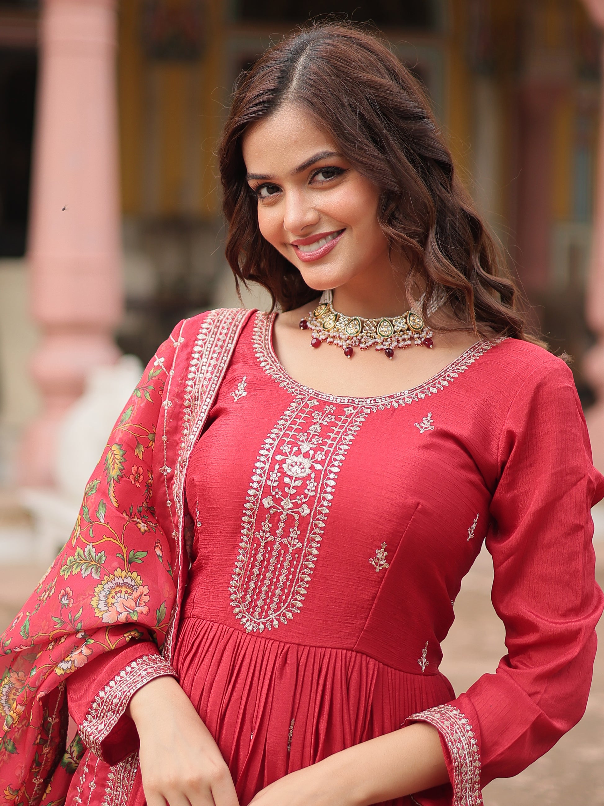 Gorgeous Maroon Sequins Chinon Reception Wear Gown With Dupatta