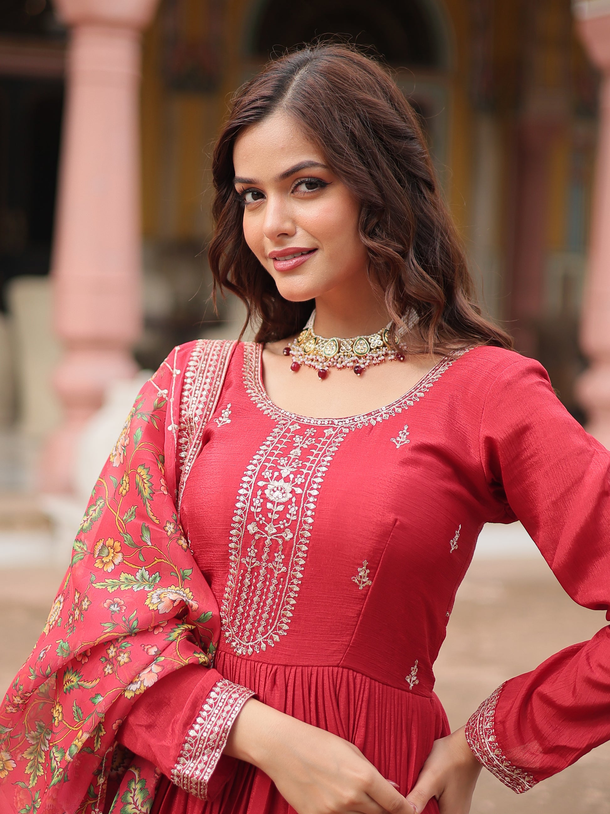 Gorgeous Maroon Sequins Chinon Reception Wear Gown With Dupatta