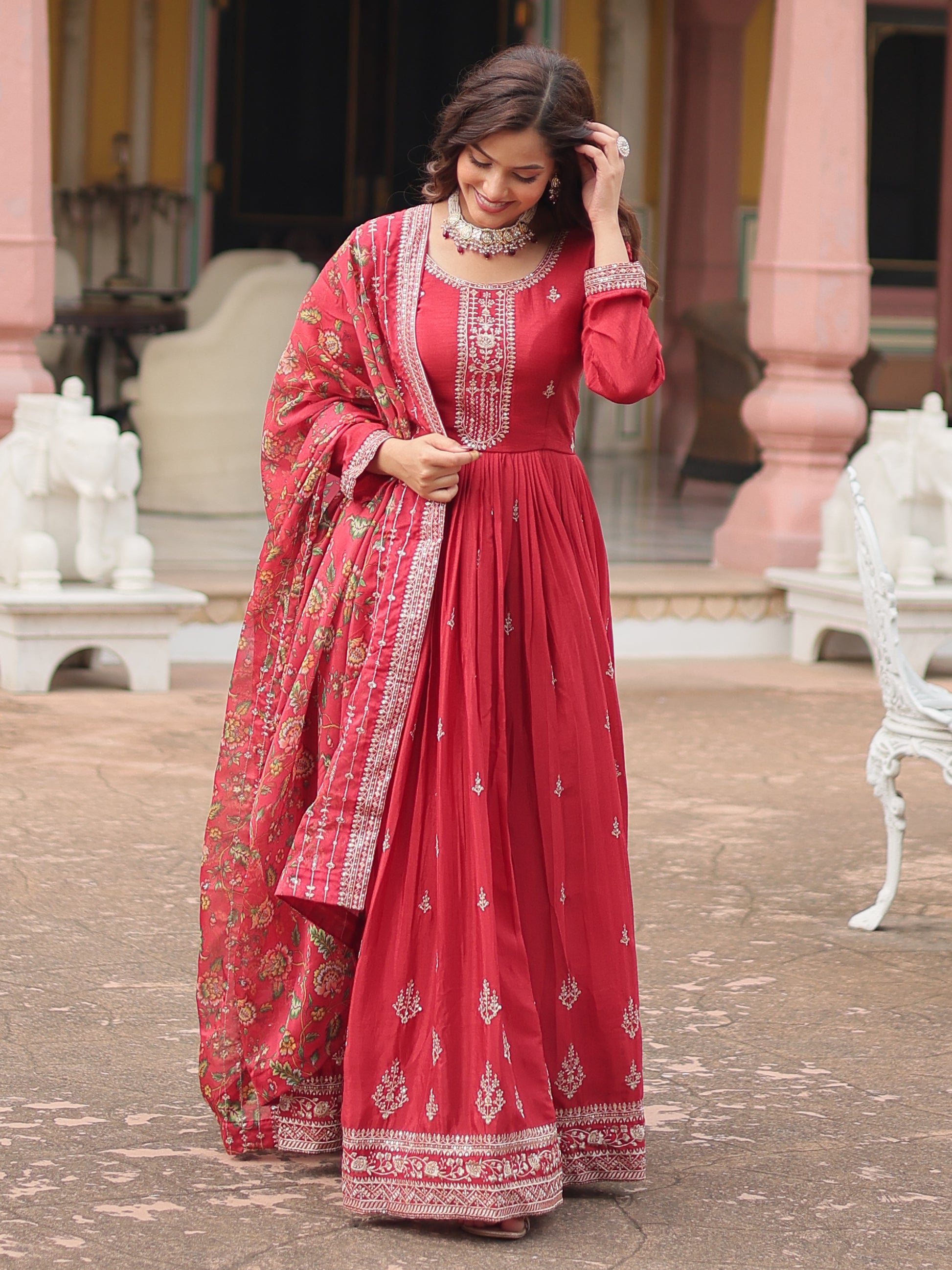 Gorgeous Maroon Sequins Chinon Reception Wear Gown With Dupatta