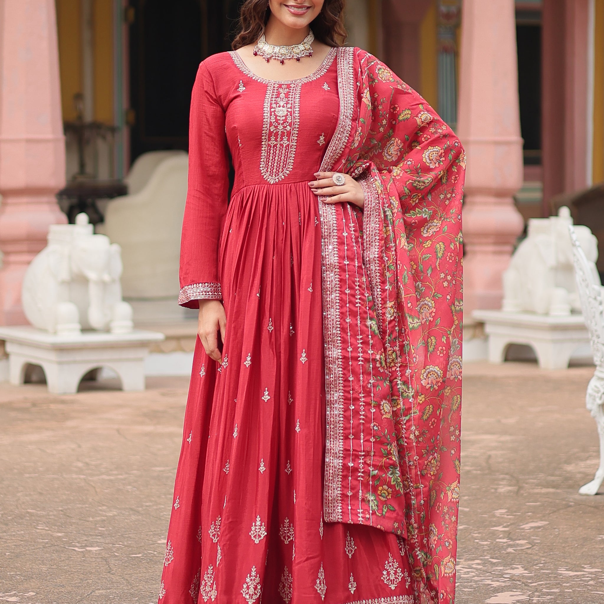 Gorgeous Maroon Sequins Chinon Reception Wear Gown With Dupatta