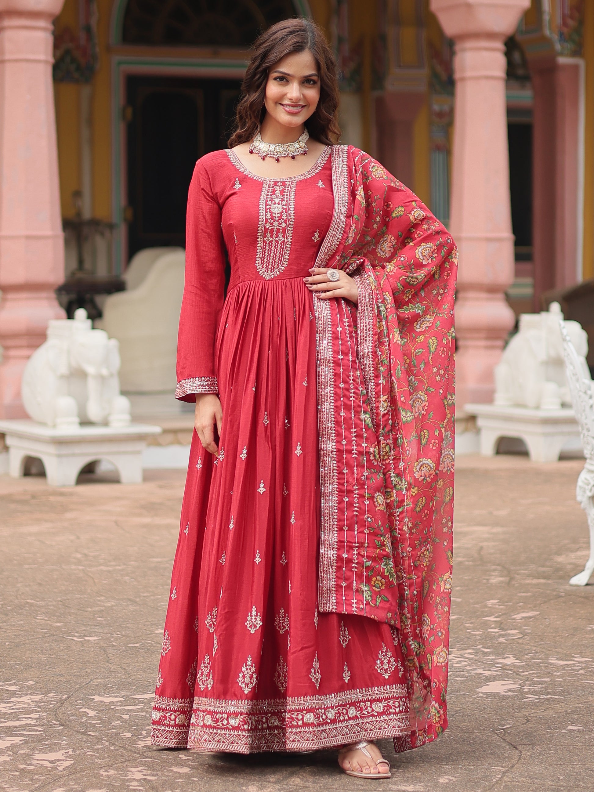 Gorgeous Maroon Sequins Chinon Reception Wear Gown With Dupatta
