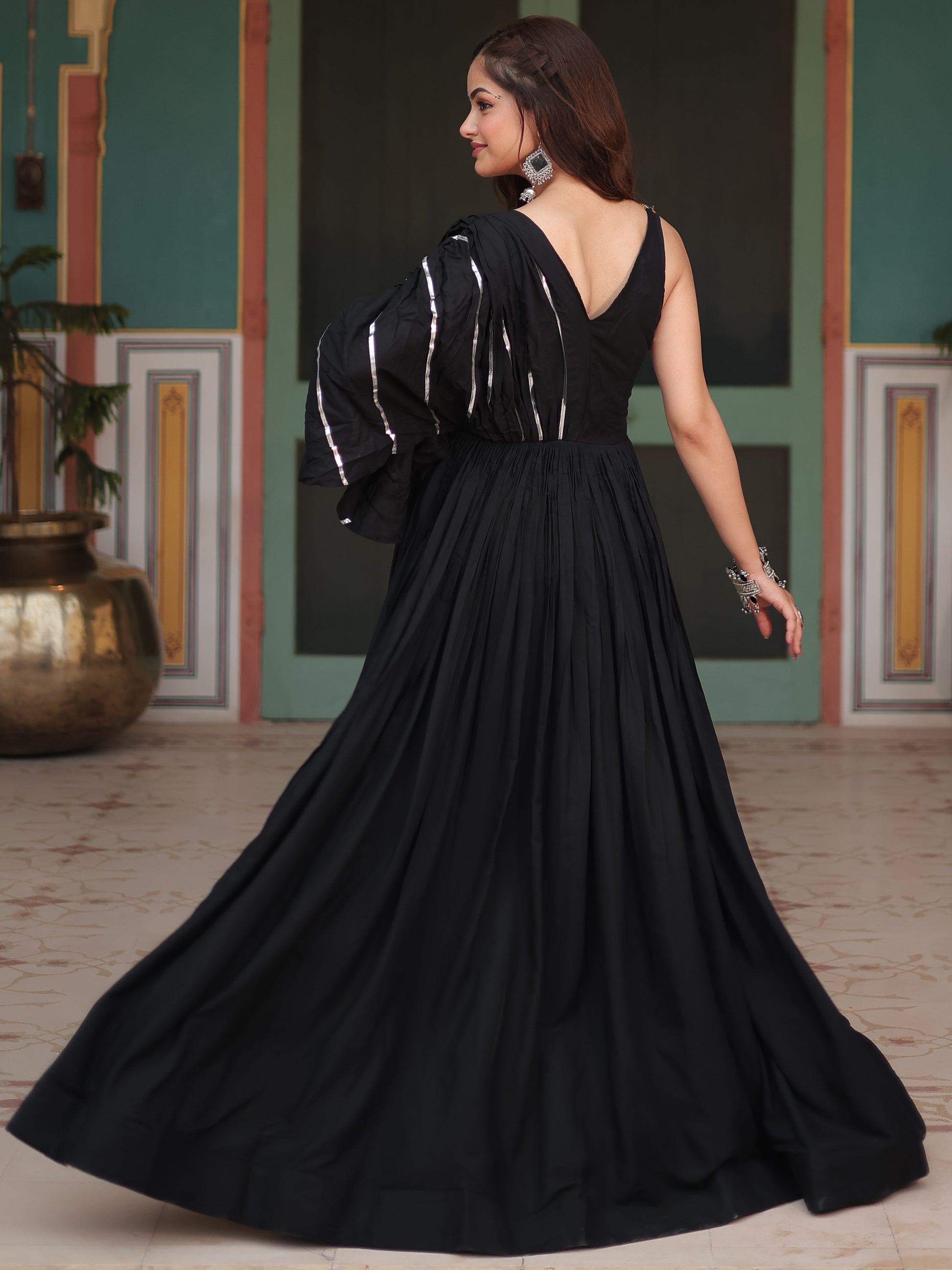 Fascinating Black Mirror Work Rayon Navratri Wear Gown