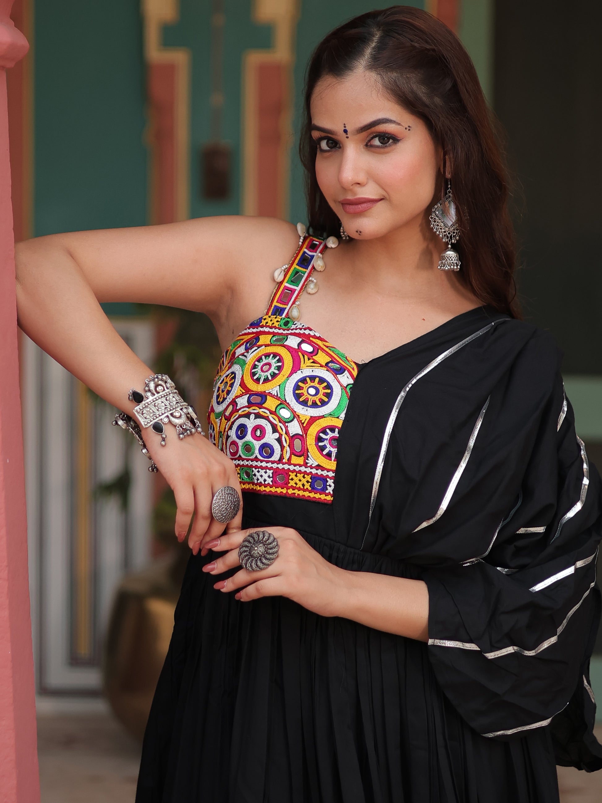 Fascinating Black Mirror Work Rayon Navratri Wear Gown