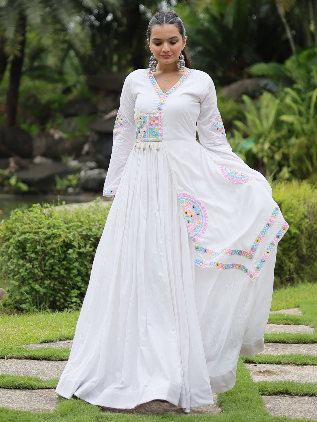 Charming White Gamthi Work Rayon Navratri Wear Gown