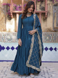 Striking Teal Blue Georgette Event Wear Gown With Dupatta