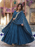 Striking Teal Blue Georgette Event Wear Gown With Dupatta