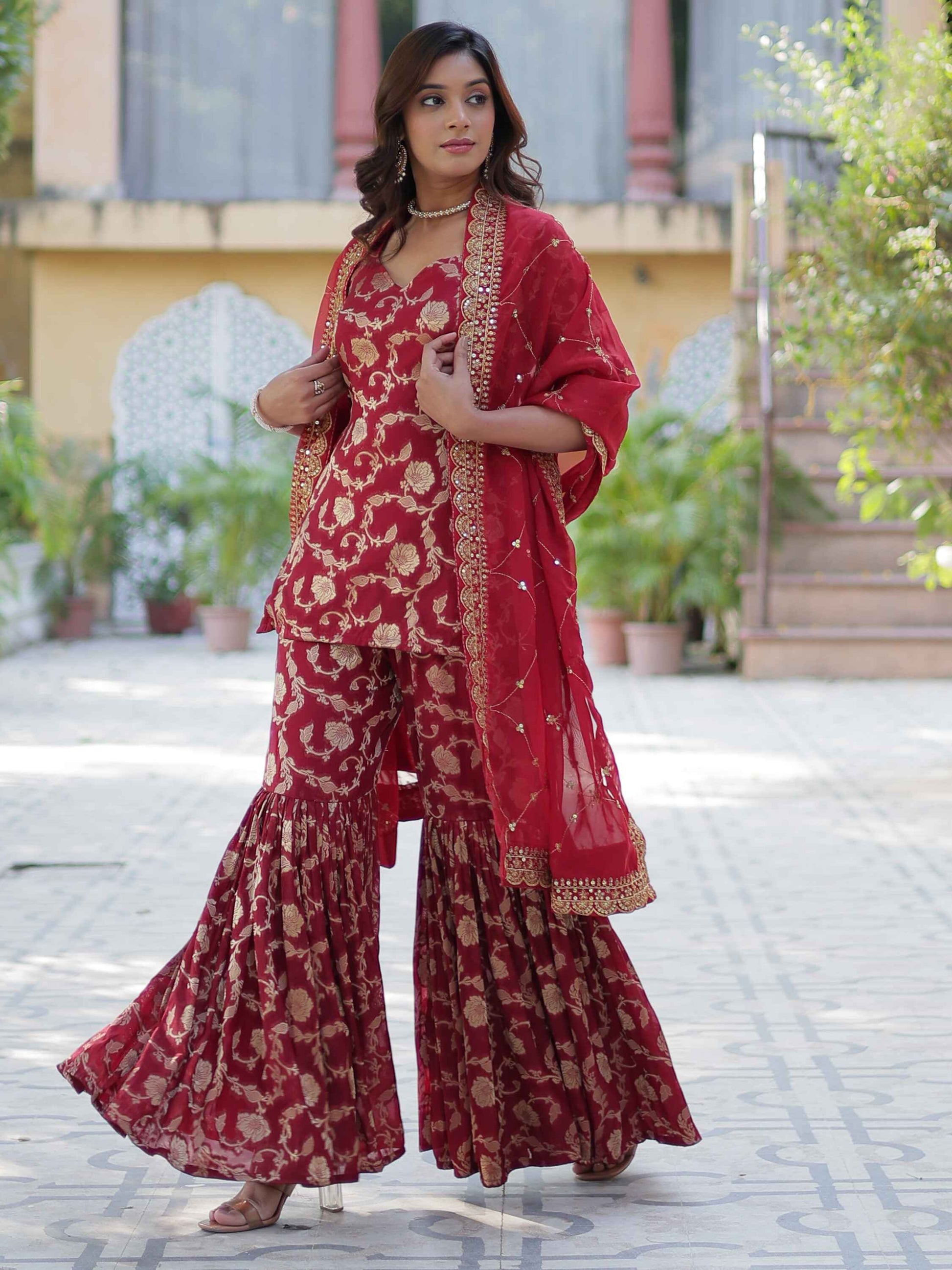 Glorious Maroon Weaving Jacquard Event Wear Sharara Suit