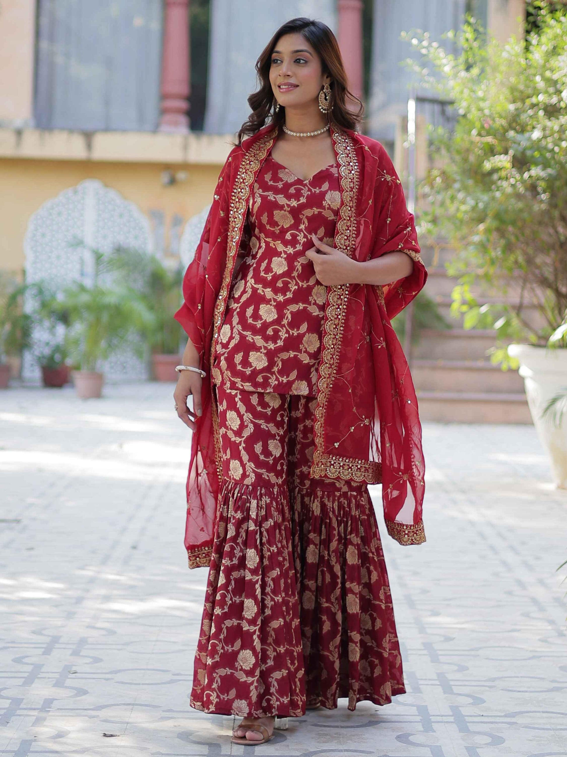Glorious Maroon Weaving Jacquard Event Wear Sharara Suit