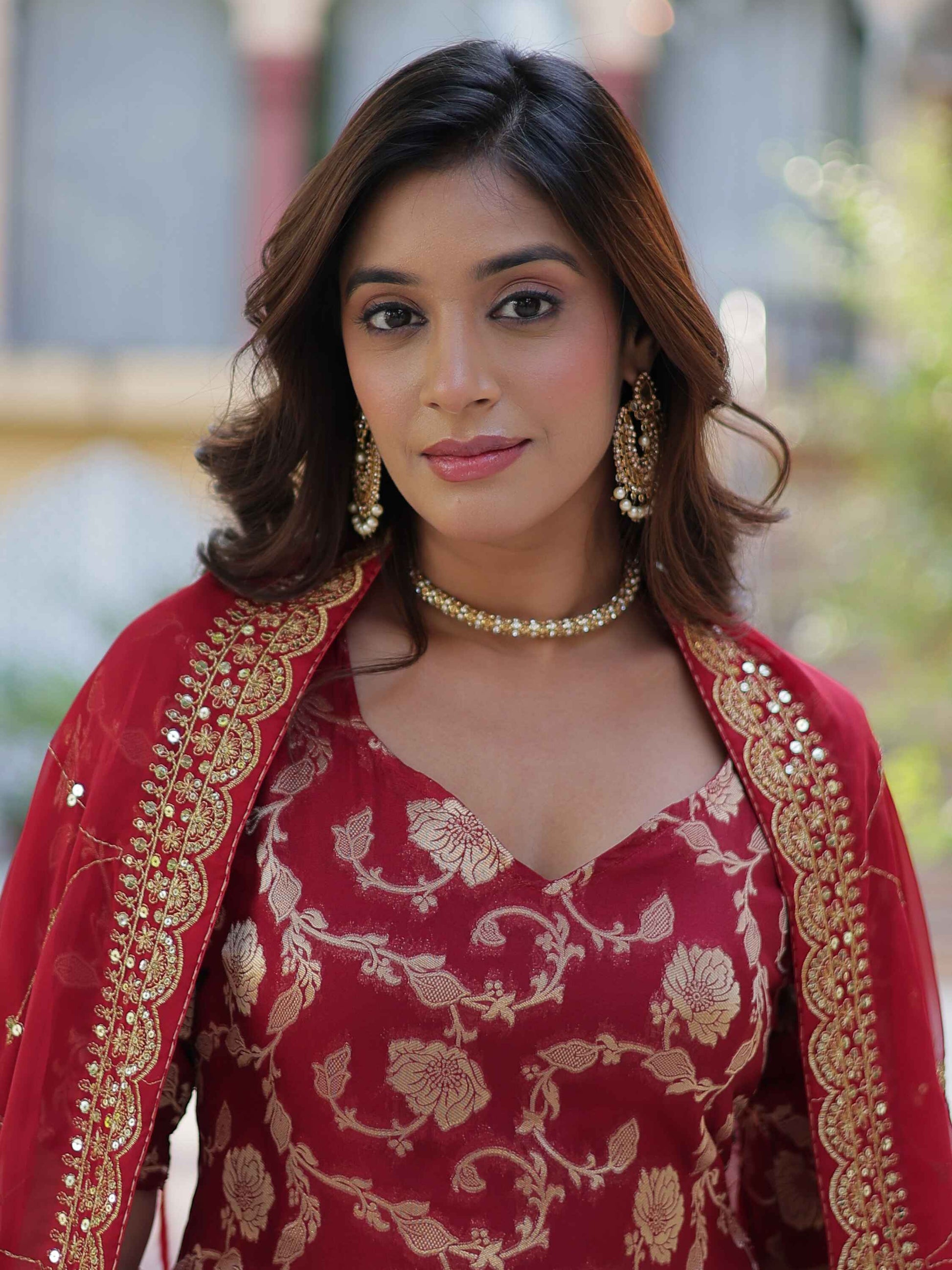 Glorious Maroon Weaving Jacquard Event Wear Sharara Suit