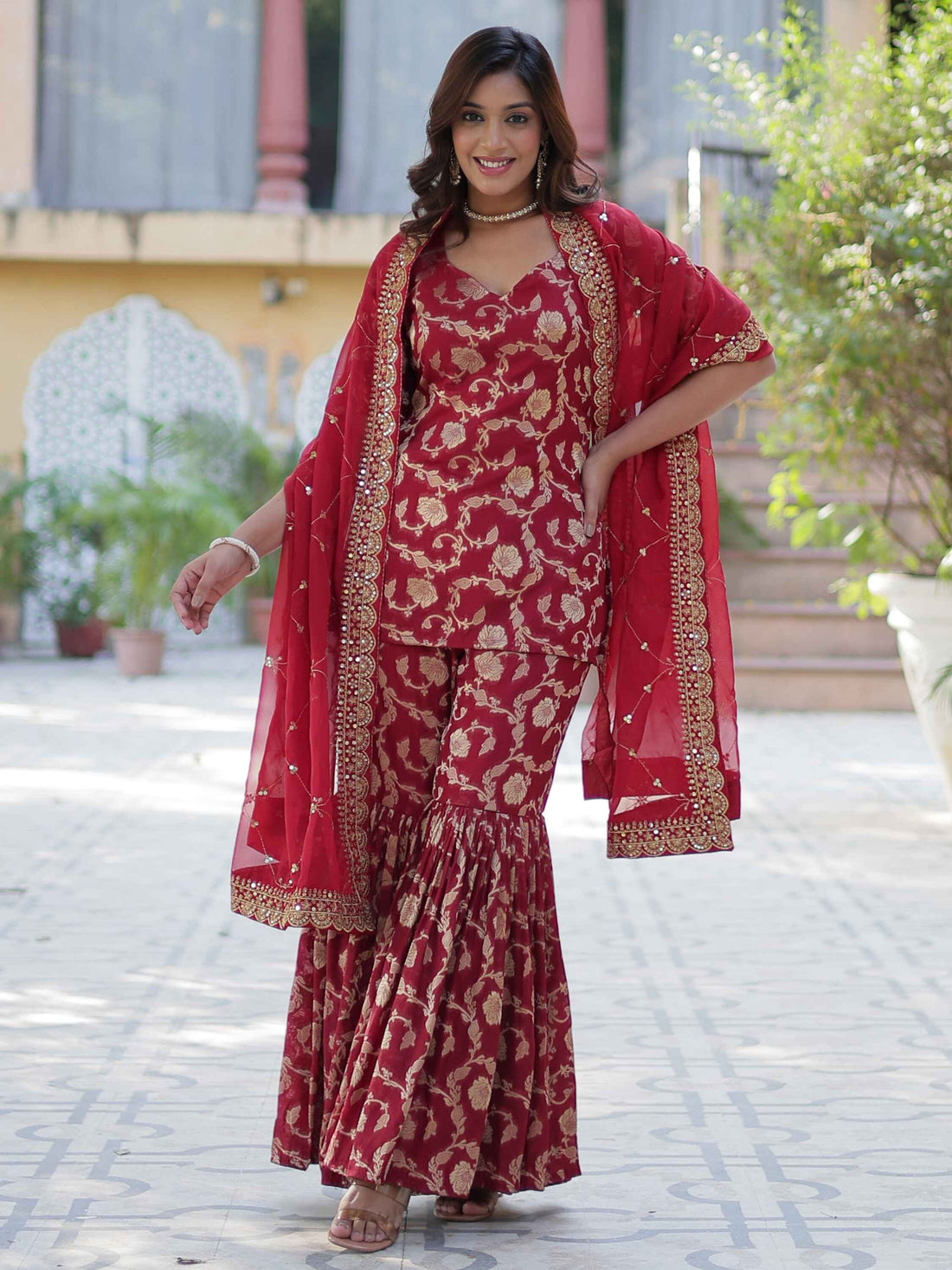 Glorious Maroon Weaving Jacquard Event Wear Sharara Suit