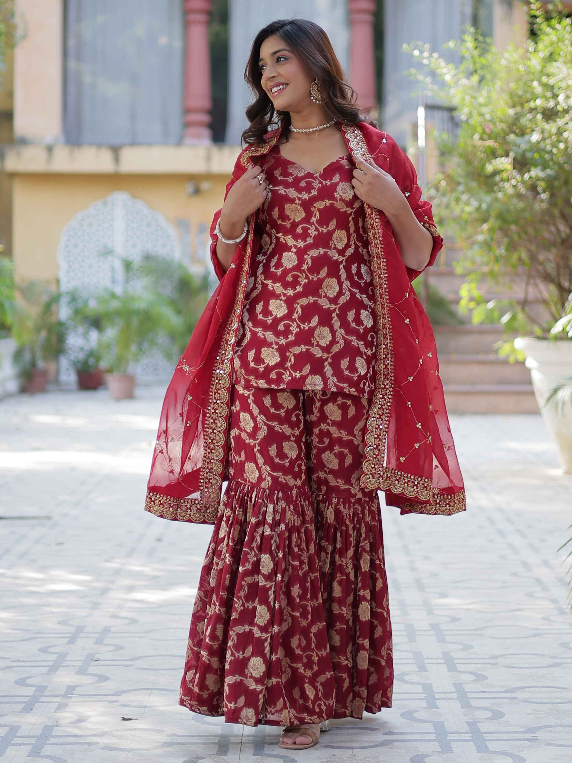 Glorious Maroon Weaving Jacquard Event Wear Sharara Suit