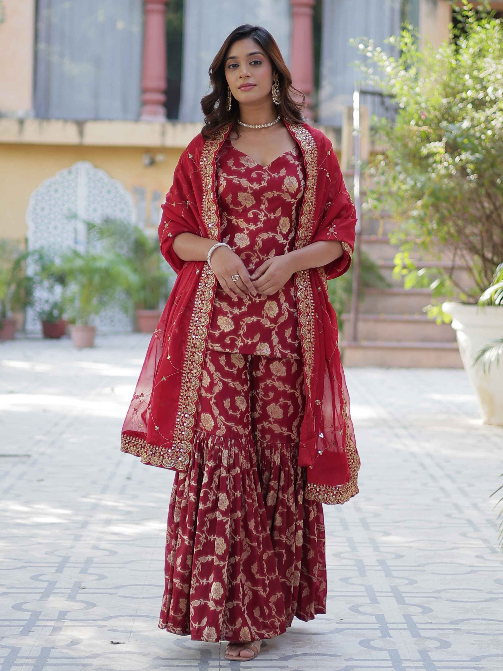 Glorious Maroon Weaving Jacquard Event Wear Sharara Suit