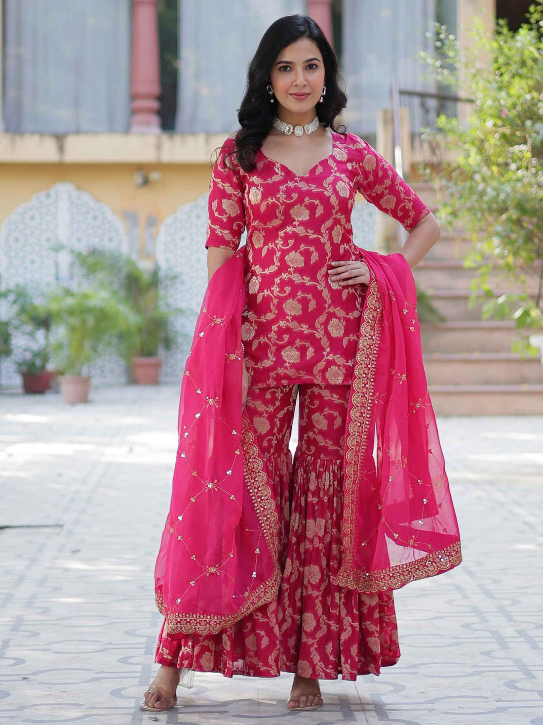 Incredible Pink Weaving Jacquard Festival Wear Sharara Suit