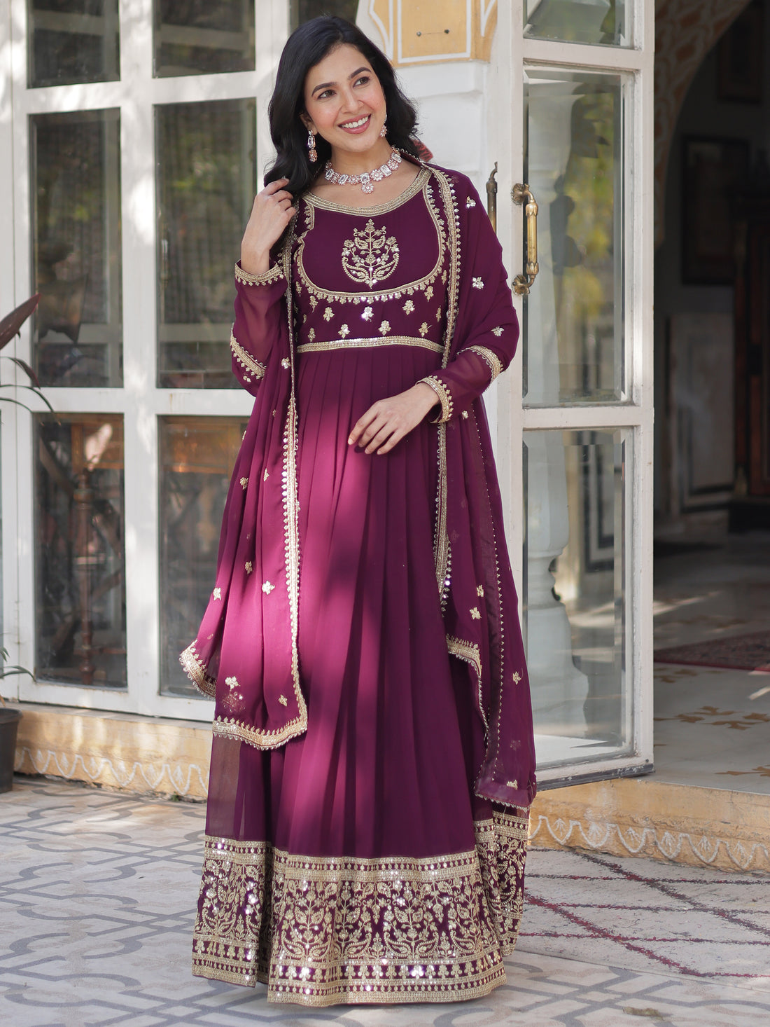 Beautiful Wine Sequins Work Georgette Bridal Wear Gown With Dupatta
