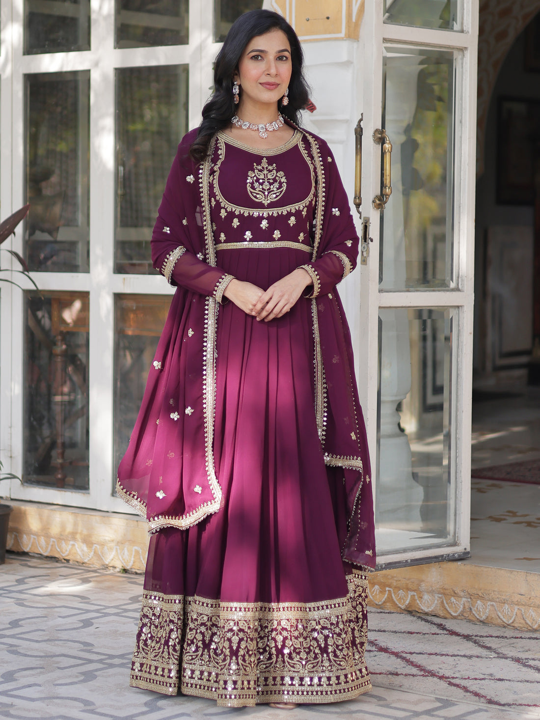 Beautiful Wine Sequins Work Georgette Bridal Wear Gown With Dupatta