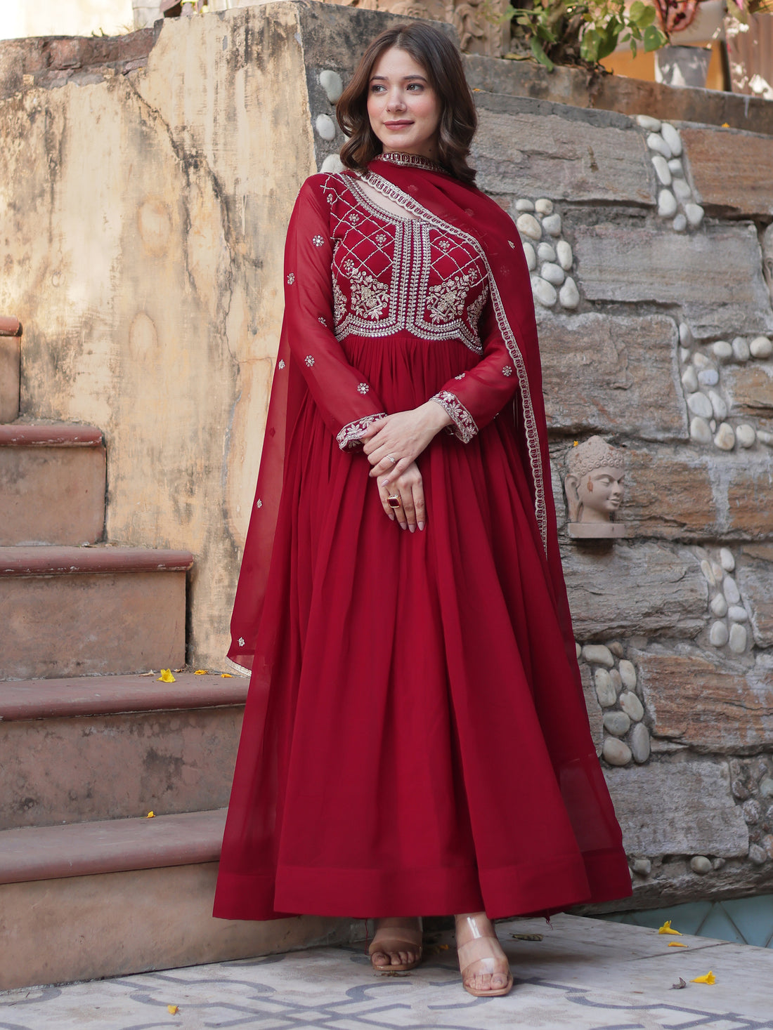 Lovable Maroon Pearl Work Georgette Festival Wear Gown With Dupatta