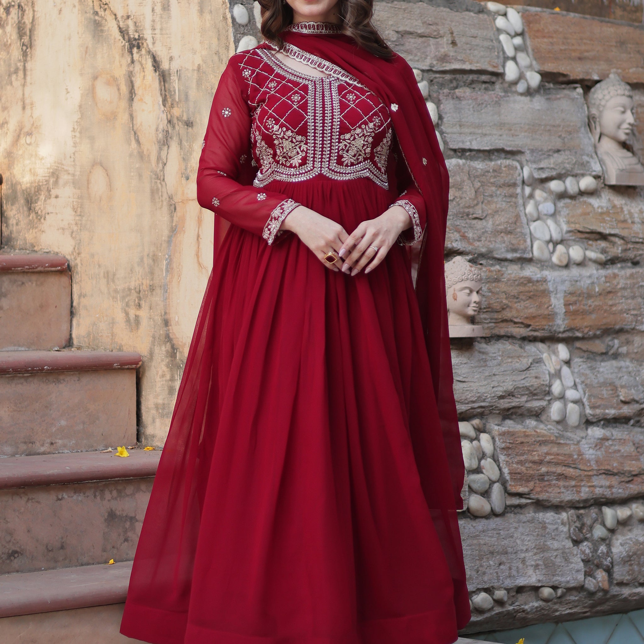 Lovable Maroon Pearl Work Georgette Festival Wear Gown With Dupatta