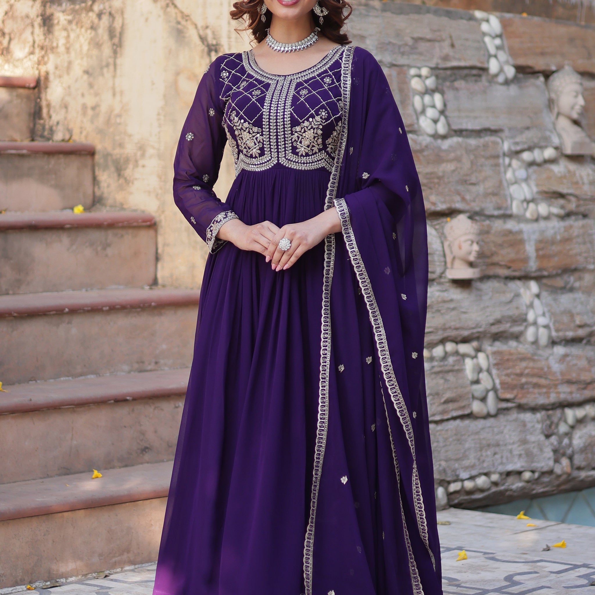 Fabulous Purple Sequins Georgette Traditional Gown With Dupatta