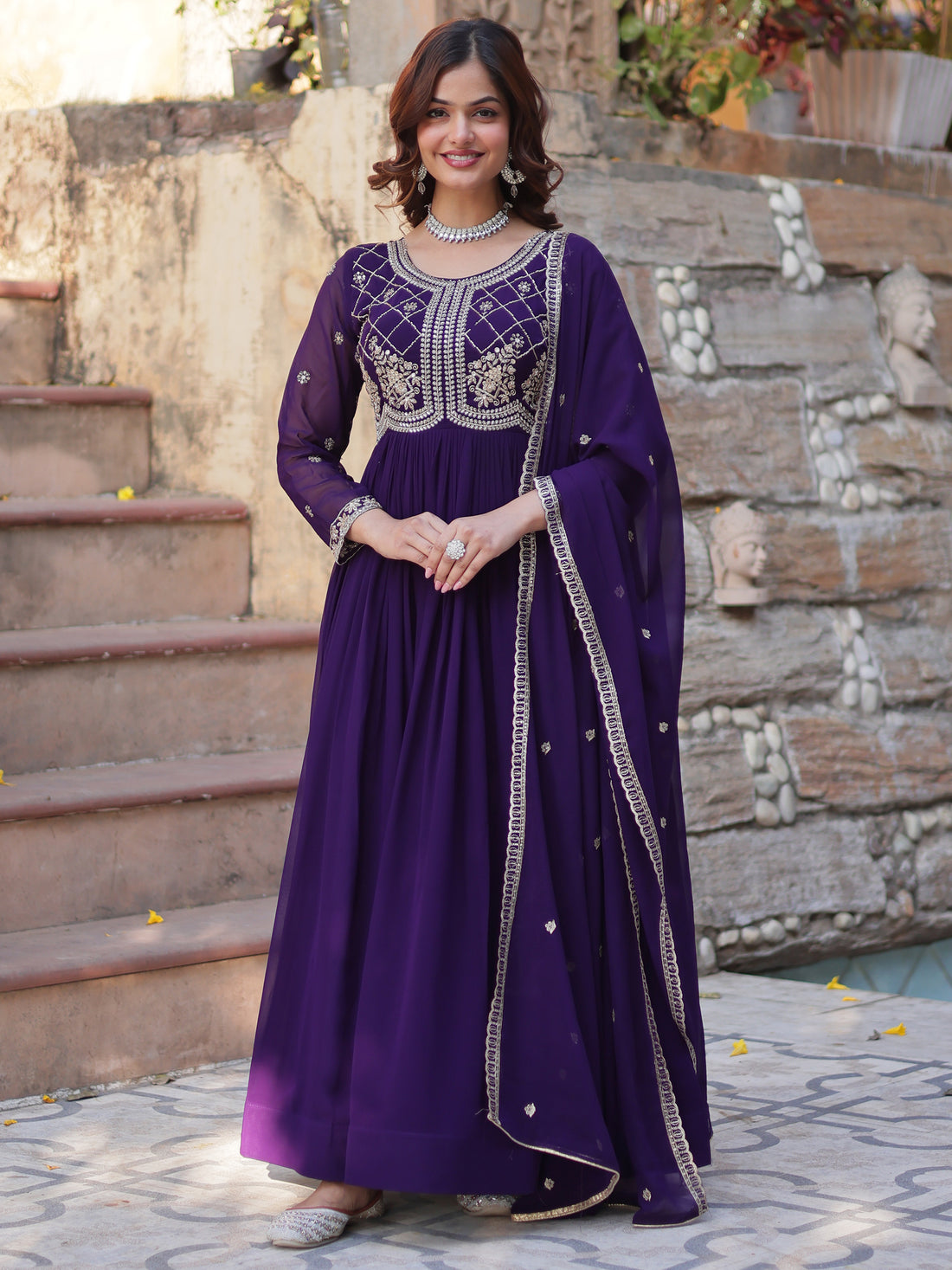 Fabulous Purple Sequins Georgette Traditional Gown With Dupatta