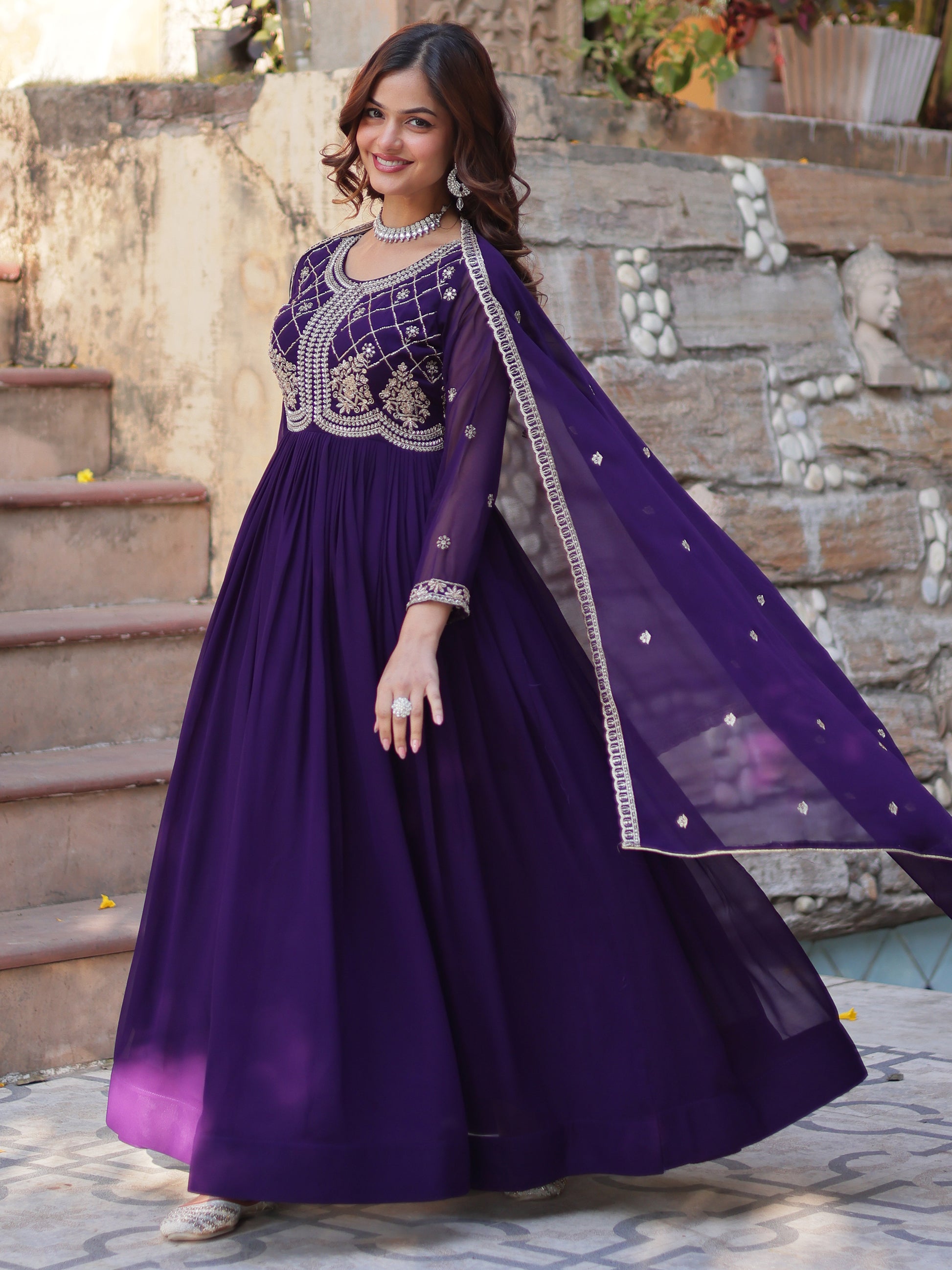 Fabulous Purple Sequins Georgette Traditional Gown With Dupatta