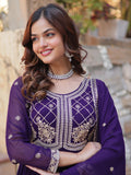 Fabulous Purple Sequins Georgette Traditional Gown With Dupatta