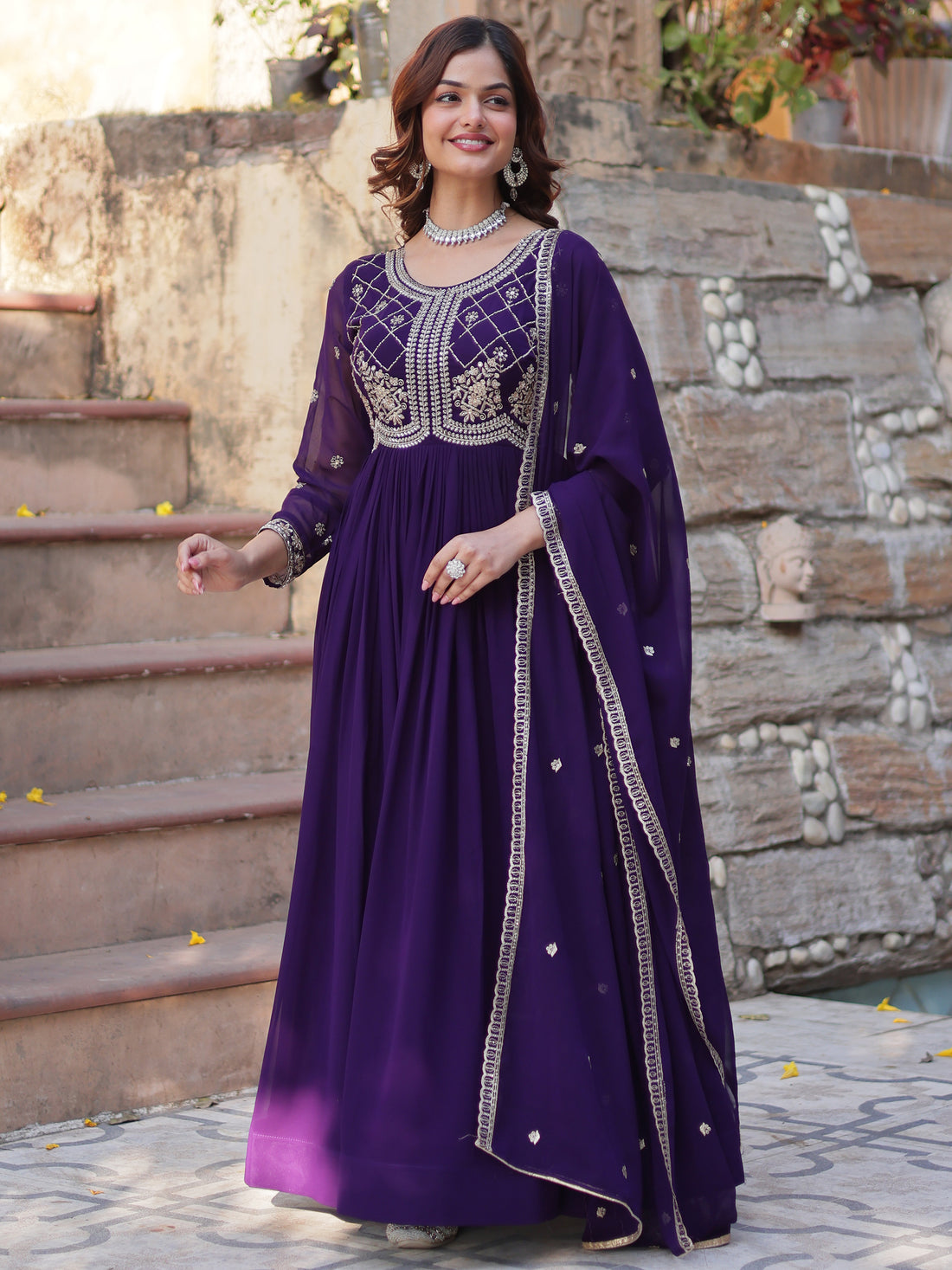 Fabulous Purple Sequins Georgette Traditional Gown With Dupatta