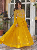 Alluring Mustard Yellow Zari Work Georgette Haldi Wear Gown With Dupatta