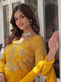 Alluring Mustard Yellow Zari Work Georgette Haldi Wear Gown With Dupatta