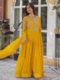 Alluring Mustard Yellow Zari Work Georgette Haldi Wear Gown With Dupatta