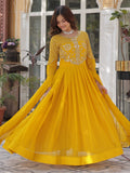 Alluring Mustard Yellow Zari Work Georgette Haldi Wear Gown With Dupatta
