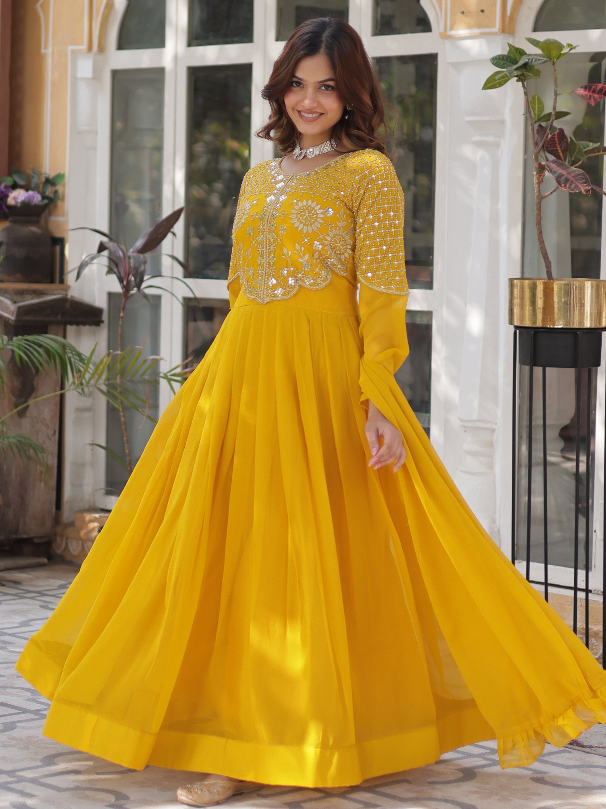 Alluring Mustard Yellow Zari Work Georgette Haldi Wear Gown With Dupatta