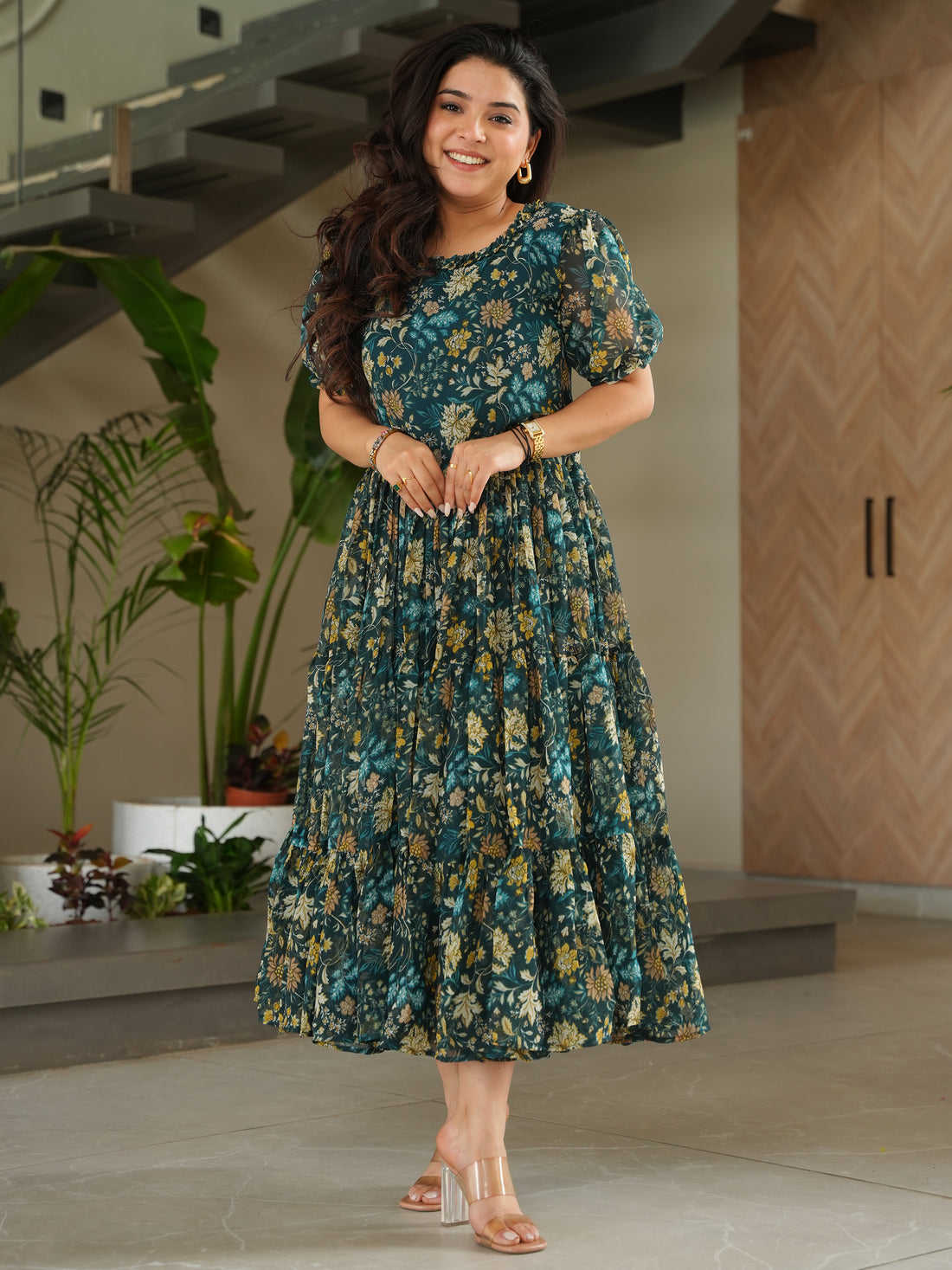 Captivating Green Floral Printed Georgette Casual Wear Dress